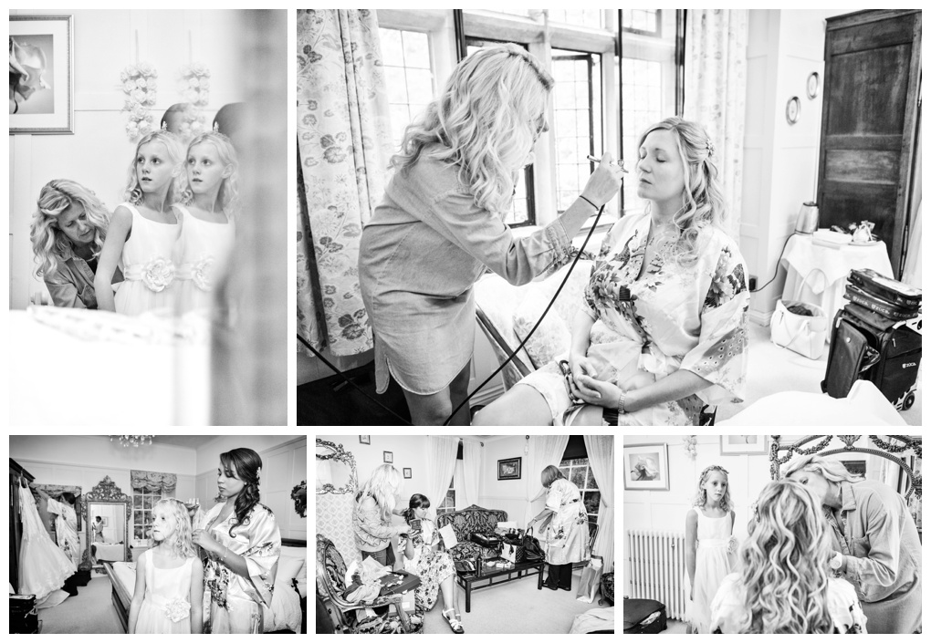 Hair and makeup wedding photography black and white documentary photography Broyle Place