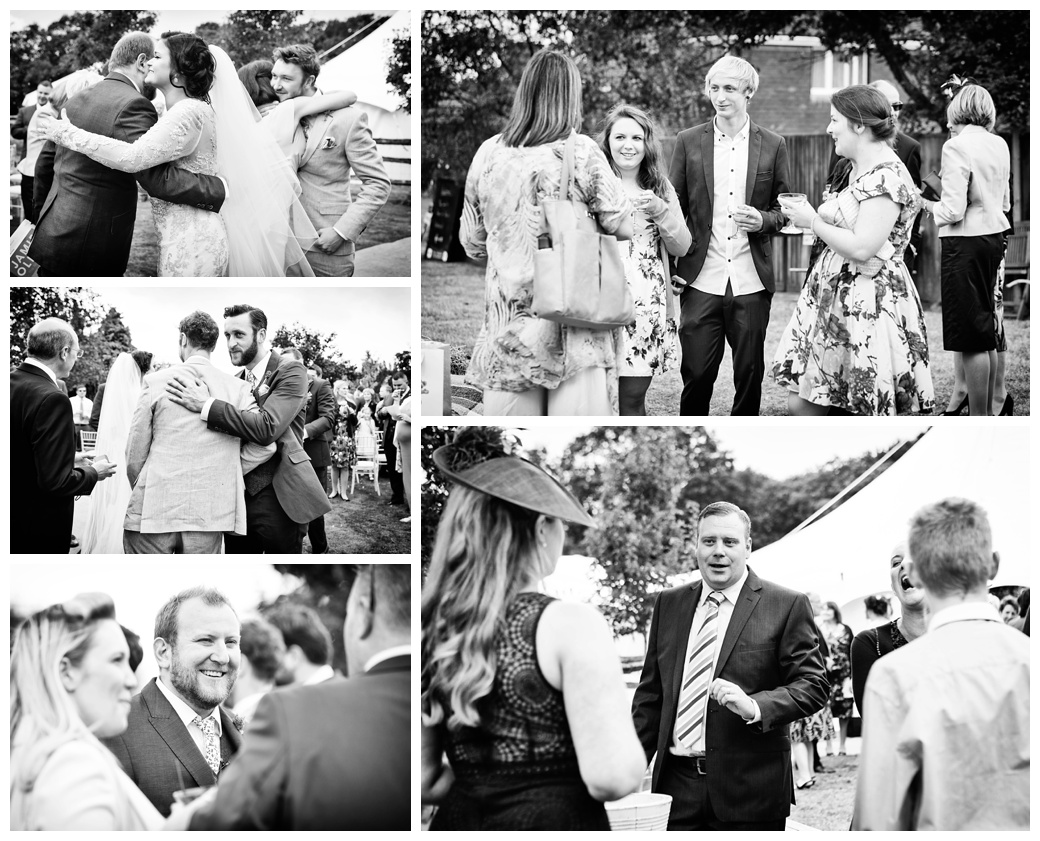 black and white candid wedding photography of drinks reception