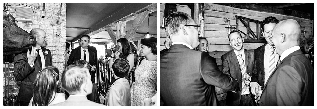 black and white images of guests at drinks reception