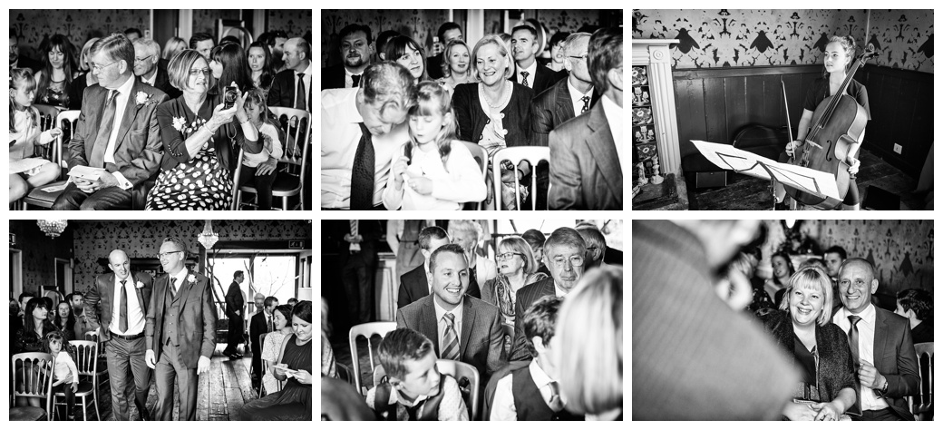 black and white wedding photography of guests at civil ceremony at The Bell Ticehurst