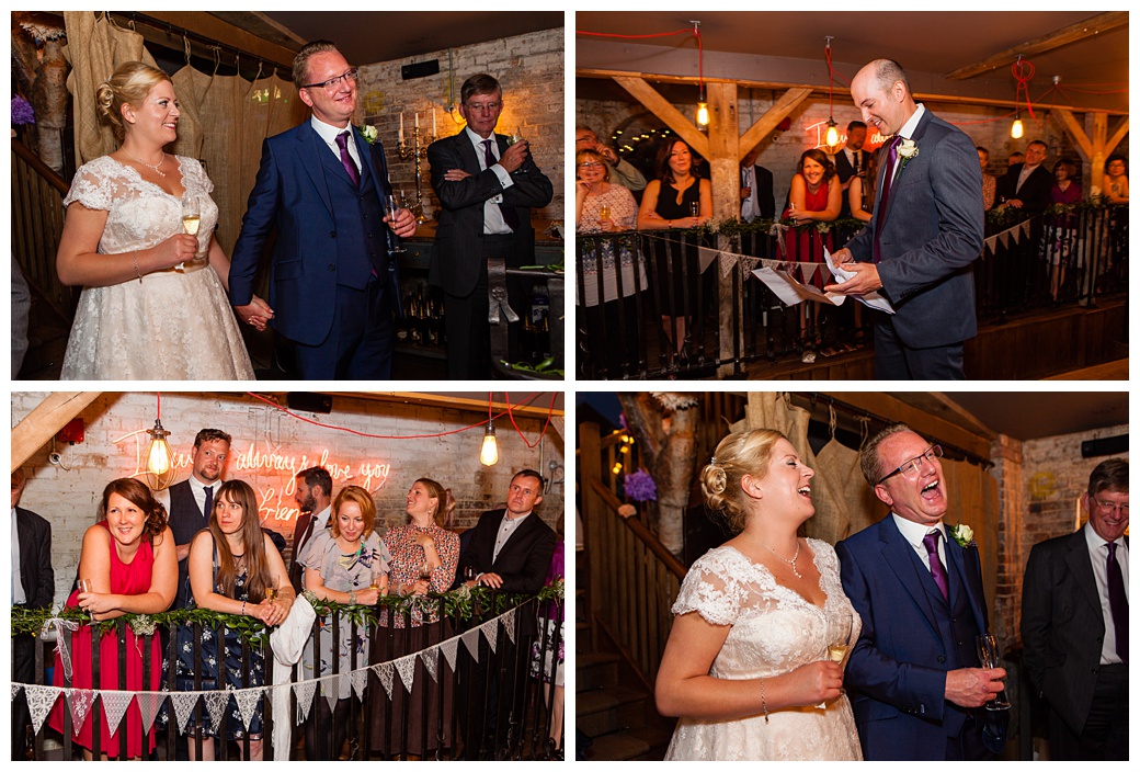 bride and groom enjoy best man speech at the bell ticehurst