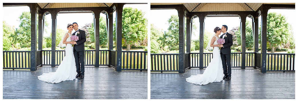 bride and groom pose in bandstand iranian wedding photography