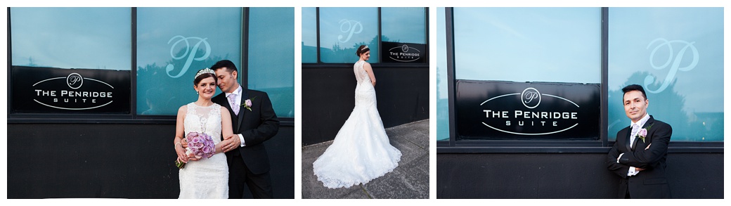 bride and groom pose outside penridge suite london
