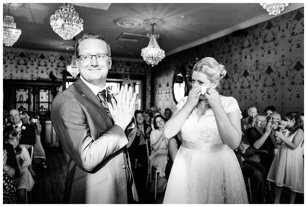 bride in tears black and white candid wedding photography