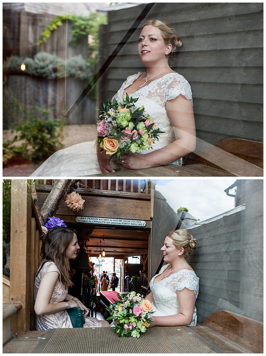 bride sitting on steps through window