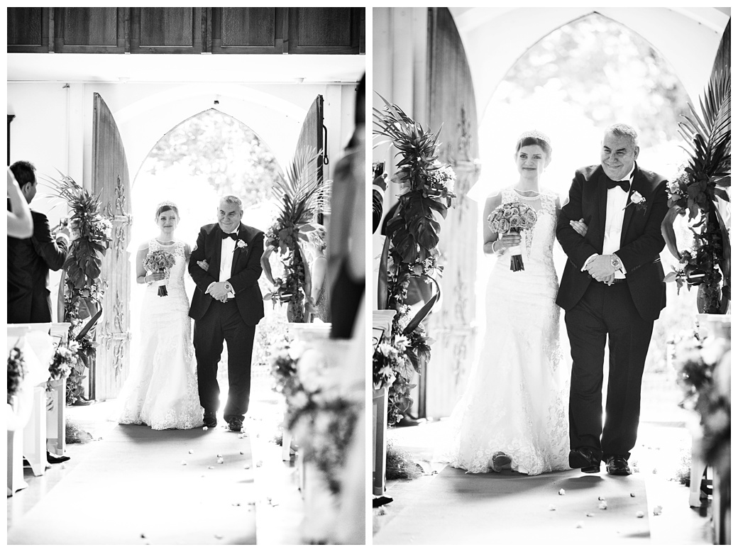 bride walks down church aisle at iranian wedding
