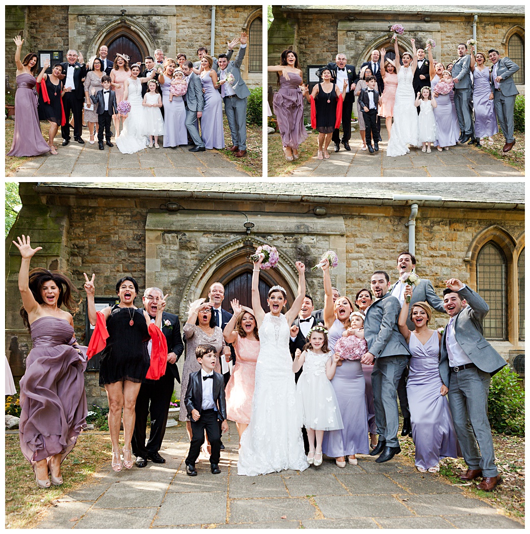 fun group shots outside church in London