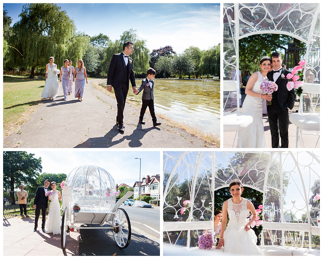 Iranian bride and groom with Cinderella carriage and white horses